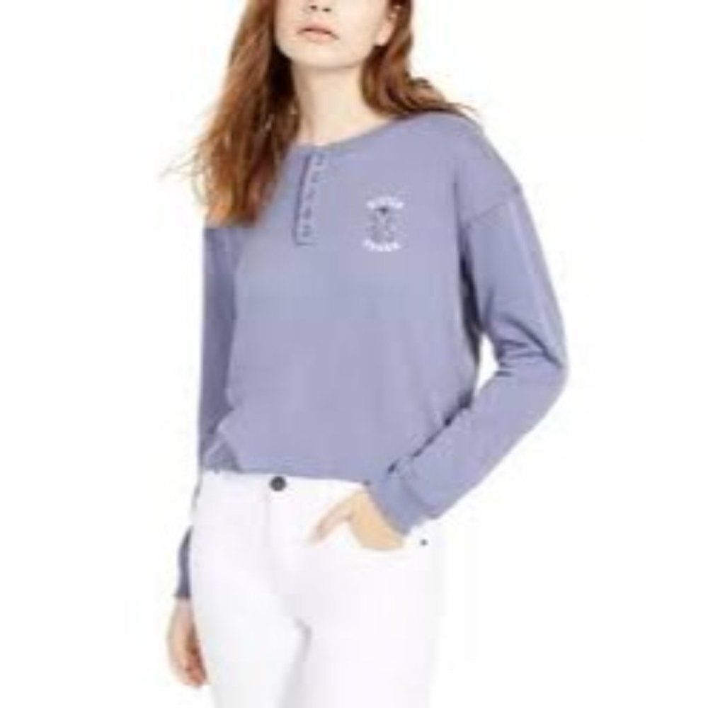 Disney Womens Cadet Blue Cotton Long Sleeve Henley Neck Pullover T Shirt Large